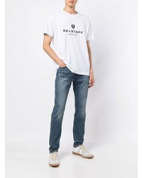 weißes und schwarzes bedrucktes T-Shirt mit einem Rundhalsausschnitt von Belstaff