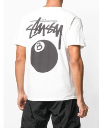 weißes und schwarzes bedrucktes T-Shirt mit einem Rundhalsausschnitt von Stussy