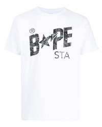 weißes und schwarzes bedrucktes T-Shirt mit einem Rundhalsausschnitt von A Bathing Ape