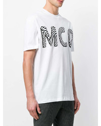 weißes und schwarzes bedrucktes T-Shirt mit einem Rundhalsausschnitt von McQ