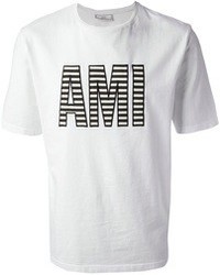 weißes und schwarzes bedrucktes T-Shirt mit einem Rundhalsausschnitt von Ami