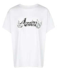 weißes und schwarzes bedrucktes T-Shirt mit einem Rundhalsausschnitt von Amiri