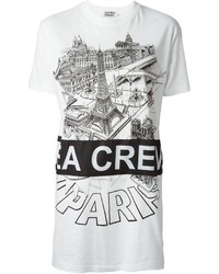 weißes und schwarzes bedrucktes T-Shirt mit einem Rundhalsausschnitt von Andrea Crews