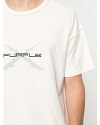 weißes und schwarzes bedrucktes T-Shirt mit einem Rundhalsausschnitt von purple brand