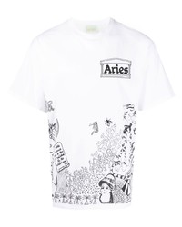 weißes und schwarzes bedrucktes T-Shirt mit einem Rundhalsausschnitt von Aries