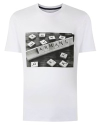 weißes und schwarzes bedrucktes T-Shirt mit einem Rundhalsausschnitt von Armani Exchange