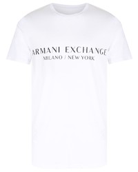 weißes und schwarzes bedrucktes T-Shirt mit einem Rundhalsausschnitt von Armani Exchange