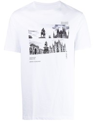 weißes und schwarzes bedrucktes T-Shirt mit einem Rundhalsausschnitt von Armani Exchange