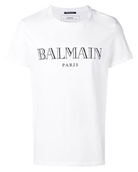 weißes und schwarzes bedrucktes T-Shirt mit einem Rundhalsausschnitt von Balmain