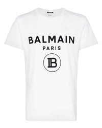 weißes und schwarzes bedrucktes T-Shirt mit einem Rundhalsausschnitt von Balmain