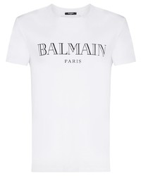 weißes und schwarzes bedrucktes T-Shirt mit einem Rundhalsausschnitt von Balmain