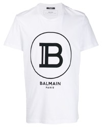 weißes und schwarzes bedrucktes T-Shirt mit einem Rundhalsausschnitt von Balmain