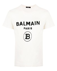 weißes und schwarzes bedrucktes T-Shirt mit einem Rundhalsausschnitt von Balmain