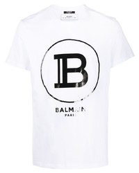 weißes und schwarzes bedrucktes T-Shirt mit einem Rundhalsausschnitt von Balmain