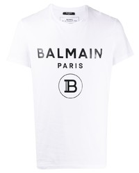 weißes und schwarzes bedrucktes T-Shirt mit einem Rundhalsausschnitt von Balmain