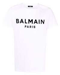 weißes und schwarzes bedrucktes T-Shirt mit einem Rundhalsausschnitt von Balmain