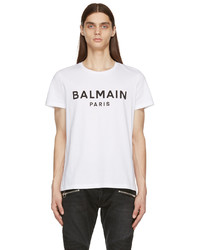 weißes und schwarzes bedrucktes T-Shirt mit einem Rundhalsausschnitt von Balmain