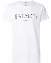 weißes und schwarzes bedrucktes T-Shirt mit einem Rundhalsausschnitt von Balmain