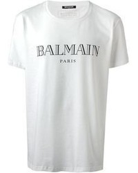 weißes und schwarzes bedrucktes T-Shirt mit einem Rundhalsausschnitt von Balmain