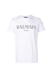 weißes und schwarzes bedrucktes T-Shirt mit einem Rundhalsausschnitt von Balmain