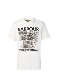 weißes und schwarzes bedrucktes T-Shirt mit einem Rundhalsausschnitt von Barbour By Steve Mc Queen