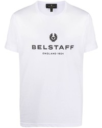 weißes und schwarzes bedrucktes T-Shirt mit einem Rundhalsausschnitt von Belstaff