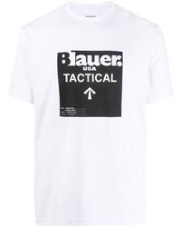 weißes und schwarzes bedrucktes T-Shirt mit einem Rundhalsausschnitt von Blauer