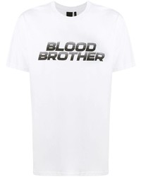 weißes und schwarzes bedrucktes T-Shirt mit einem Rundhalsausschnitt von Blood Brother