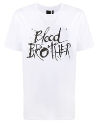 weißes und schwarzes bedrucktes T-Shirt mit einem Rundhalsausschnitt von Blood Brother