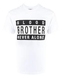 weißes und schwarzes bedrucktes T-Shirt mit einem Rundhalsausschnitt von Blood Brother