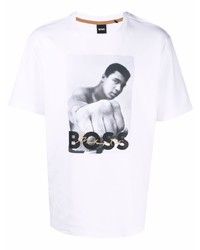 weißes und schwarzes bedrucktes T-Shirt mit einem Rundhalsausschnitt von BOSS