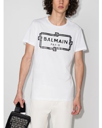 weißes und schwarzes bedrucktes T-Shirt mit einem Rundhalsausschnitt von Balmain