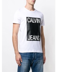 weißes und schwarzes bedrucktes T-Shirt mit einem Rundhalsausschnitt von Calvin Klein Jeans