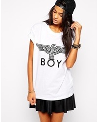 weißes und schwarzes bedrucktes T-Shirt mit einem Rundhalsausschnitt von Boy London