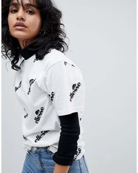 weißes und schwarzes bedrucktes T-Shirt mit einem Rundhalsausschnitt von Ellesse