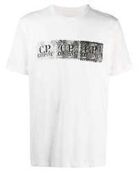 weißes und schwarzes bedrucktes T-Shirt mit einem Rundhalsausschnitt von C.P. Company