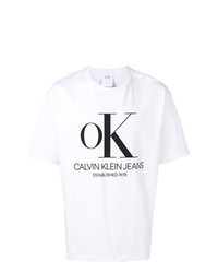 weißes und schwarzes bedrucktes T-Shirt mit einem Rundhalsausschnitt von Calvin Klein Jeans Est. 1978