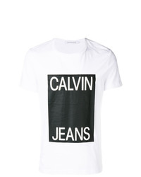 weißes und schwarzes bedrucktes T-Shirt mit einem Rundhalsausschnitt von Calvin Klein Jeans