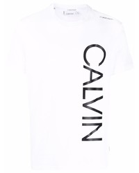 weißes und schwarzes bedrucktes T-Shirt mit einem Rundhalsausschnitt von Calvin Klein