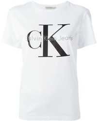 weißes und schwarzes bedrucktes T-Shirt mit einem Rundhalsausschnitt von CK Calvin Klein