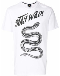 weißes und schwarzes bedrucktes T-Shirt mit einem Rundhalsausschnitt von Class Roberto Cavalli