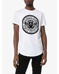 weißes und schwarzes bedrucktes T-Shirt mit einem Rundhalsausschnitt von Balmain