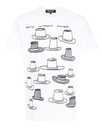 weißes und schwarzes bedrucktes T-Shirt mit einem Rundhalsausschnitt von Comme des Garcons Homme Deux