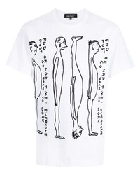 weißes und schwarzes bedrucktes T-Shirt mit einem Rundhalsausschnitt von Comme des Garcons Homme Deux