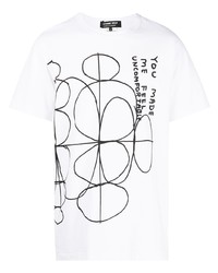 weißes und schwarzes bedrucktes T-Shirt mit einem Rundhalsausschnitt von Comme des Garcons Homme Deux