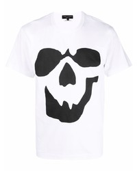 weißes und schwarzes bedrucktes T-Shirt mit einem Rundhalsausschnitt von Comme Des Garcons Homme Plus