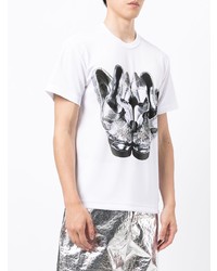 weißes und schwarzes bedrucktes T-Shirt mit einem Rundhalsausschnitt von Comme Des Garcons Homme Plus