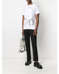 weißes und schwarzes bedrucktes T-Shirt mit einem Rundhalsausschnitt von Comme Des Garcons Homme Plus