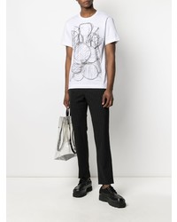 weißes und schwarzes bedrucktes T-Shirt mit einem Rundhalsausschnitt von Comme Des Garcons Homme Plus