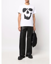 weißes und schwarzes bedrucktes T-Shirt mit einem Rundhalsausschnitt von Comme Des Garcons Homme Plus